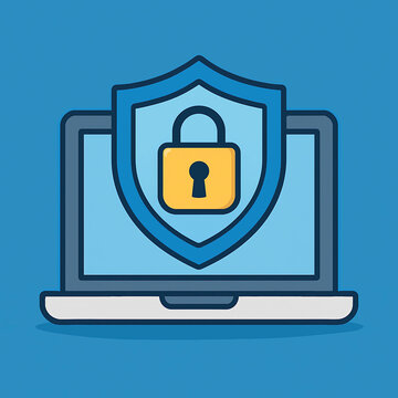 Laptop with shield and padlock icon illustrating cybersecurity protection, emphasizing secure digital devices and data safety.Cybersecurity Protection Concept