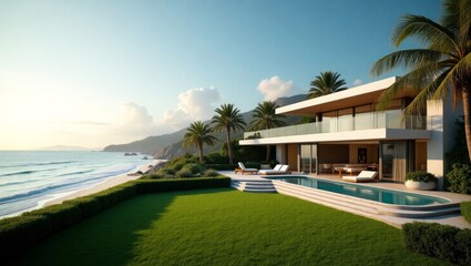 Fototapeta premium Exclusive Oceanfront Property with White Sand Beach and Modern Design