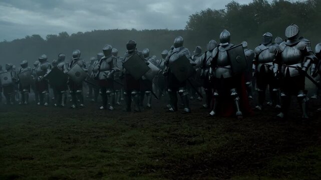 Medieval knights in full armor preparing for battle in foggy field with shields and swords during historical reenactment or fantasy war scene