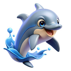 Happy cartoon dolphin leaping through water splash isolated on transparent background