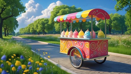 Vibrant ice cream cart delights on sunny park path surrounded by lush green trees and wildflowers.