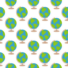 Seamless pattern with globe on white background. Vector illustration. Print for packaging and wrapping paper. Ornament with school supplies for gift bag. Wallpaper.