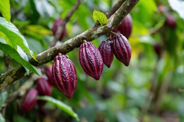 Cacao pods with a reddishpurple hue cluster on a tree branch amid green leaves