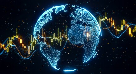 zodiac sign pisces, Financial market digital graph with blue neon bars and yellow lines on dark virtual background, showing stock growth and currency exchange concept. 3D Rendering