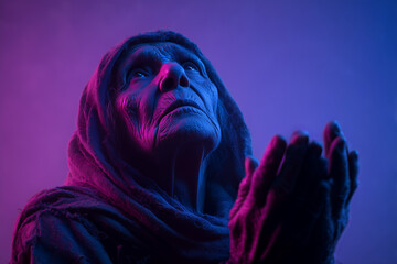Old woman with a hood looking up with raised hands.