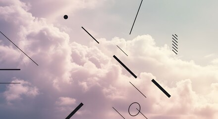 Abstract composition featuring geometric shapes overlaying a soft, pastel-colored sky filled with fluffy clouds.