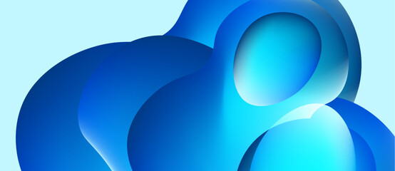 Abstract blue shapes overlap, creating fluid forms. Light highlights suggest depth, smooth surfaces, calming aesthetic.
