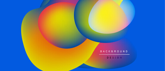 Fototapeta premium Vibrant overlapping circles create dynamic abstract composition. Bright colors blend, forming gradients against blue backdrop. Modern design element.