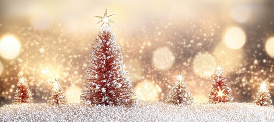 Magical Christmas Scene with Snowy Trees and Sparkling Gold Lights in a Winter Wonderland Setting
