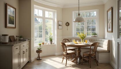 Neutral-toned breakfast nook with gentle sunlight
