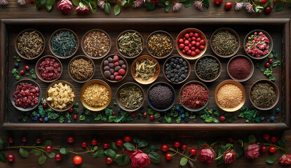 Colorful assortment of dried teas and herbs in bowls on a rustic tray, styled with berries and flowers.

