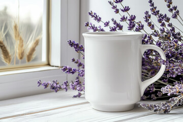 White ceramic mug mockup on bright wooden desk with pastel spring floral background
