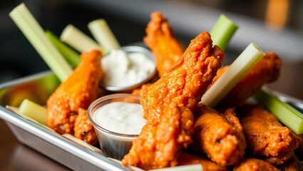 appetizer warm lighting celery sticks golden brown buffalo wings metal tray American food chicken wings blue cheese dip
