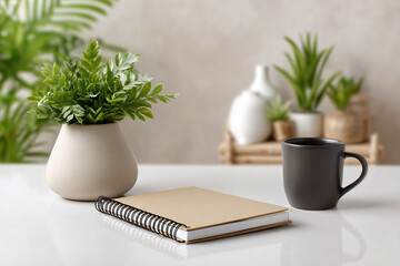 Time Management with Bullet Journal Layout. Cozy workspace with a plant, notebook, and mug on a minimalist table.