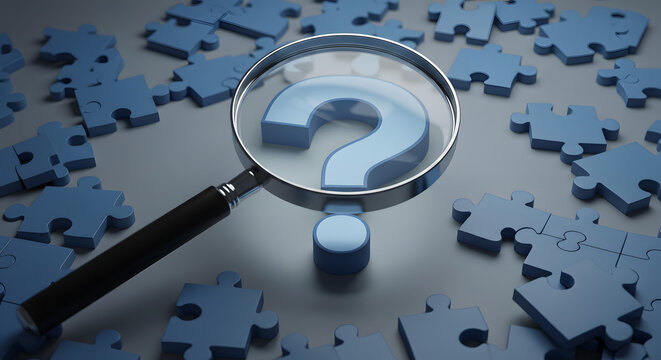 Magnifying Glass with Question Mark Over Blue Puzzle Pieces on Gray Surface