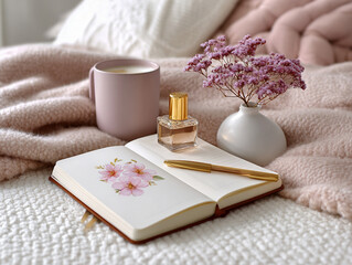 Time Management with Bullet Journal Layout. Cozy setup with a notebook, flowers, and a cup in a serene indoor setting.