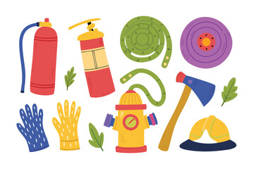 Firefighter's Gear Display: A collection of vibrant firefighter tools, each carefully crafted with clear lines and a playful aesthetic, perfect for illustrations