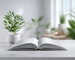 Time Management with Bullet Journal Layout. A serene workspace featuring an open book and a potted plant in soft natural light.