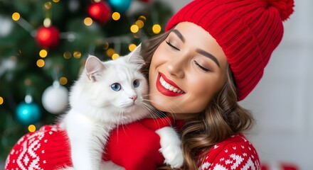 Woman with white cat wearing red sweater and hat during Christmas