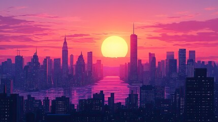 A beautiful sunset illuminating a city skyline with modern office buildings, capturing the tranquil end of a busy day.