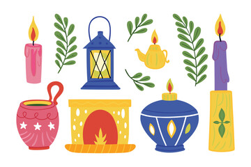 Illuminated Treasures: An assortment of handcrafted lamps and candles illuminates a scene of warmth and festivity, offering a charming display of artistic design and atmospheric ambiance.
