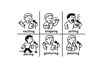 hand drawn cute doodle style line isolated on white background slam poetry (actions): reciting snapping yelling pacing gesturing pausing