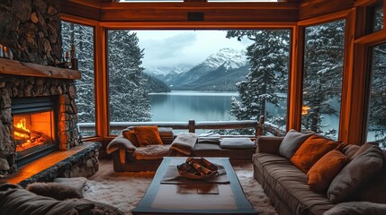 A cozy cabin interior with a fireplace, overlooking a snowy lake and mountains outside, evoking a rustic winter getaway. 