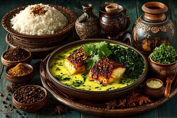 Traditional mustard fish curry and rice platter high resolution picture