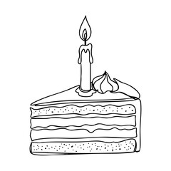 Vector line art of a slice of birthday cake with three visible layers, icing details and a lit candle on top