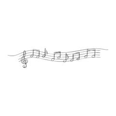Vector line art of musical notes on a curvy staff with treble clef, continuous line drawing style ideal for music-themed designs and creative illustrations