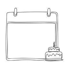 Vector line art of a calendar page with a birthday cake and single candle icon in the corner