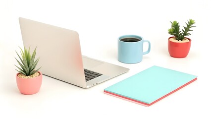 Fototapeta premium Laptop with a cup of coffee and a notebook