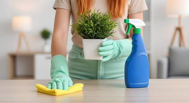 A smiling young woman in gloves is cleaning her kitchen floor with a sponge
