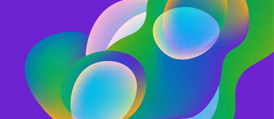 Abstract colorful shapes overlap. Vibrant gradients create fluid, modern visual experience. Purple, green, blue hues dominate composition.
