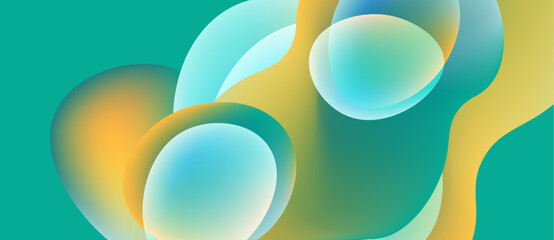 Abstract shapes overlap, creating fluid forms. Colors blendturquoise, gold, bluesuggesting movement, depth. Soft gradients define organic curves.