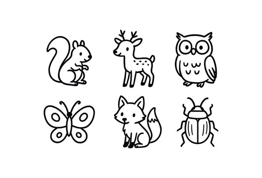 hand drawn cute doodle style line isolated on white background wilderness path (wildlife): squirrel deer owl butterfly fox beetle