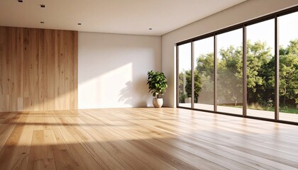 Sunlit Modern Interior Design: Spacious Room with Wooden Floor and Wall, Large Windows Overlooking Lush Greenery