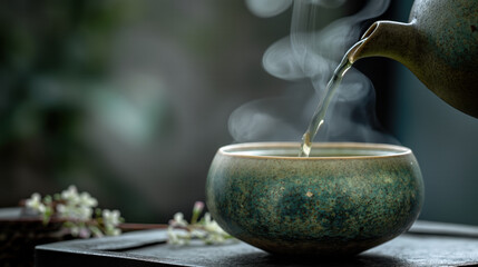 Steam rises as hot water is precisely poured into a glass cup of green tea in tranquil surroundings.