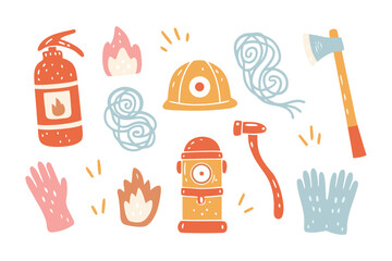 Safety Essential: A collection of essential firefighting equipment arranged in a visually appealing illustration