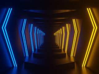 3D Yellow neon tunnel. Black background with yellow neon lights