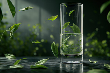 Chilled green tea in a glass with ice cubes and fresh tea leaves on marble surface.

