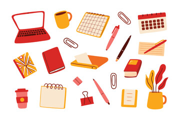 Workspace Essentials: A neatly arranged collection of workspace essentials including laptop, planner, pens, notebooks, coffee, and a touch of greenery, all set against a clean backdrop.