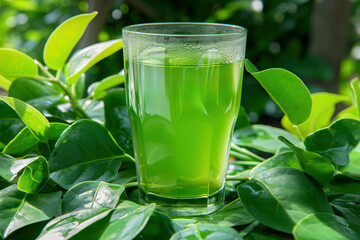 Chilled green tea in a glass with ice cubes and fresh tea leaves on marble surface.

