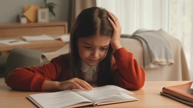 Frustrated child reading book at home desk with confusion and stress, young girl struggling to study or focus on homework with emotional reaction and cognitive difficulty in learning environment
