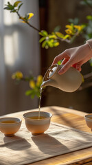 A hand pours a stream of hot herbal tea from a small, traditional teapot into a teacup on a rustic wooden table.