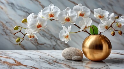 Obraz na płótnie Canvas White orchids in a golden vase on marble