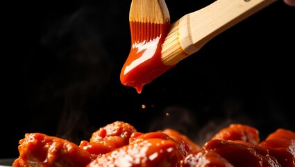 chicken wings cooked steam spicy food buffalo wings dramatic lighting dark background side angle sauce brush
