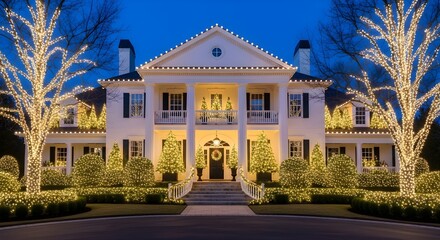 White mansion decorated with Christmas lights at night