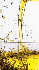 Macro shot of yellow herbal tea being poured with loose leaves in motion