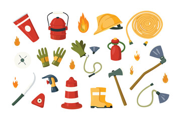 Firefighting Gear: A comprehensive collection of firefighting equipment, including helmets, axes, hoses, and various tools. Perfect for illustrations.